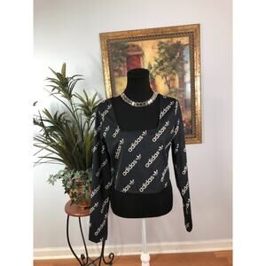 Adidas Cropped Top Women's Black All-Over Spellout Logo Long Sleeve Party Travel